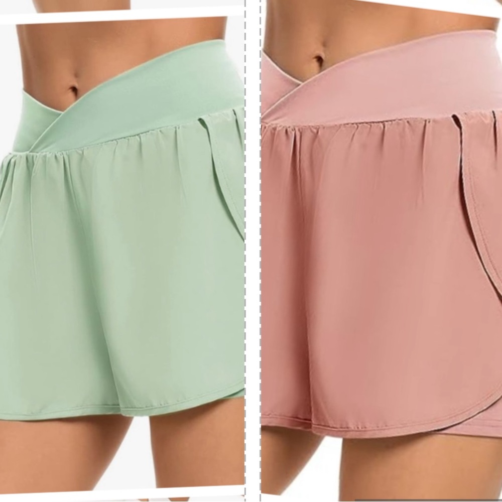 Bundle of Amazon Criss Cross Waist Athletic Shorts Size Medium Green Pink